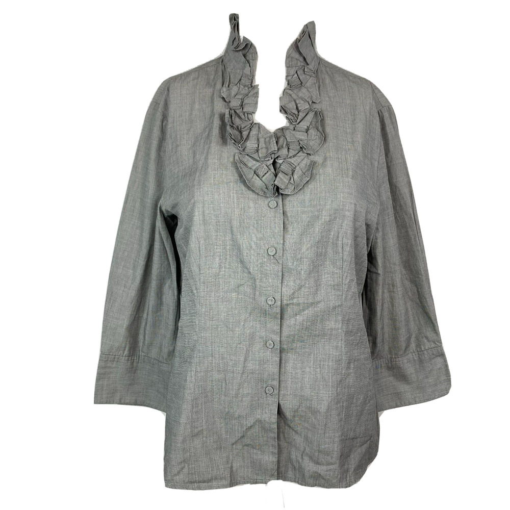Talbots Shirt Womens 10P Petite Button Up Blouse Gray Cotton Ruffle Collar